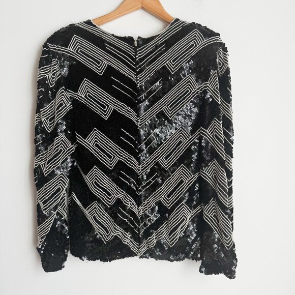 Vintage Crystal Silk Sequin Black White Sparkly Holiday Top M - Picture 5 of 7